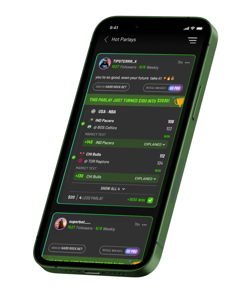 TipMaster app showing hot parlays, win streaks, and verified tipster stats
